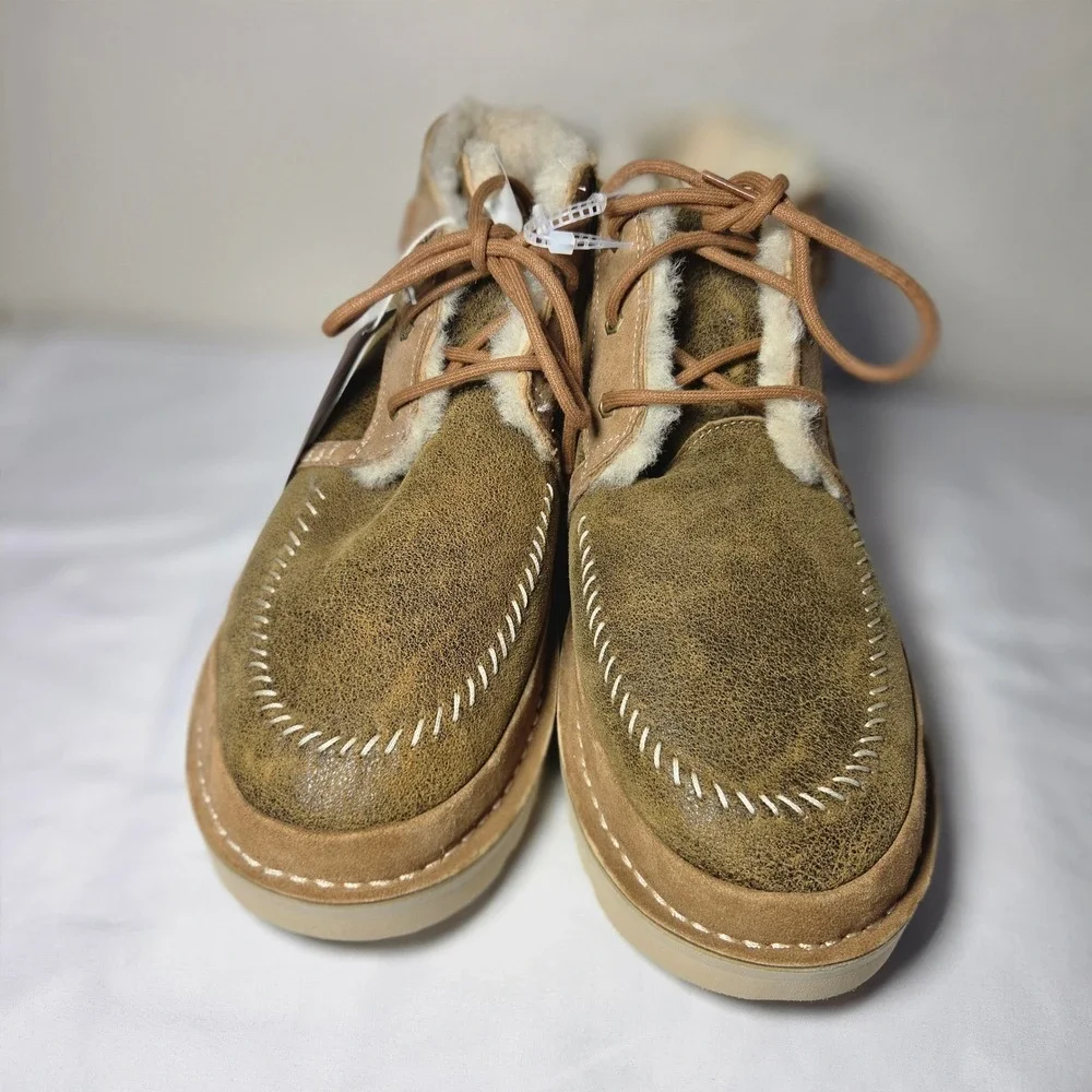 UGG Regenerate Neumel Sand Olive Brown Leather Shearling Chukka Boots Mens 14
